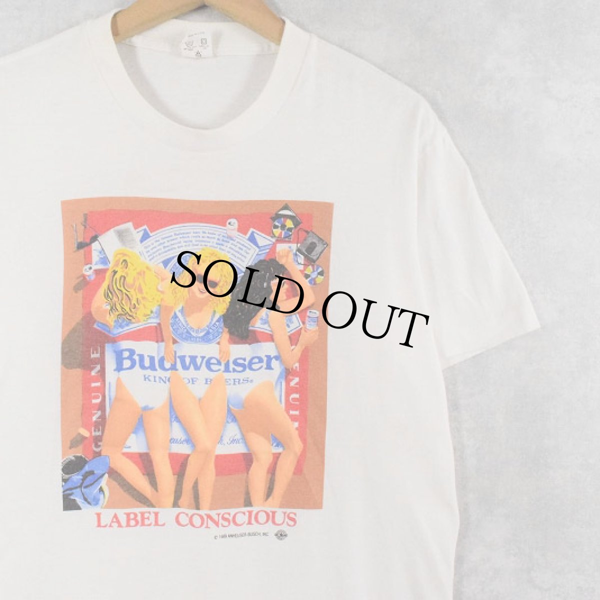画像1: 80's Budweiser USA製 "LABEL CONCIOUS" ビールメーカープリントTシャツ L (1)