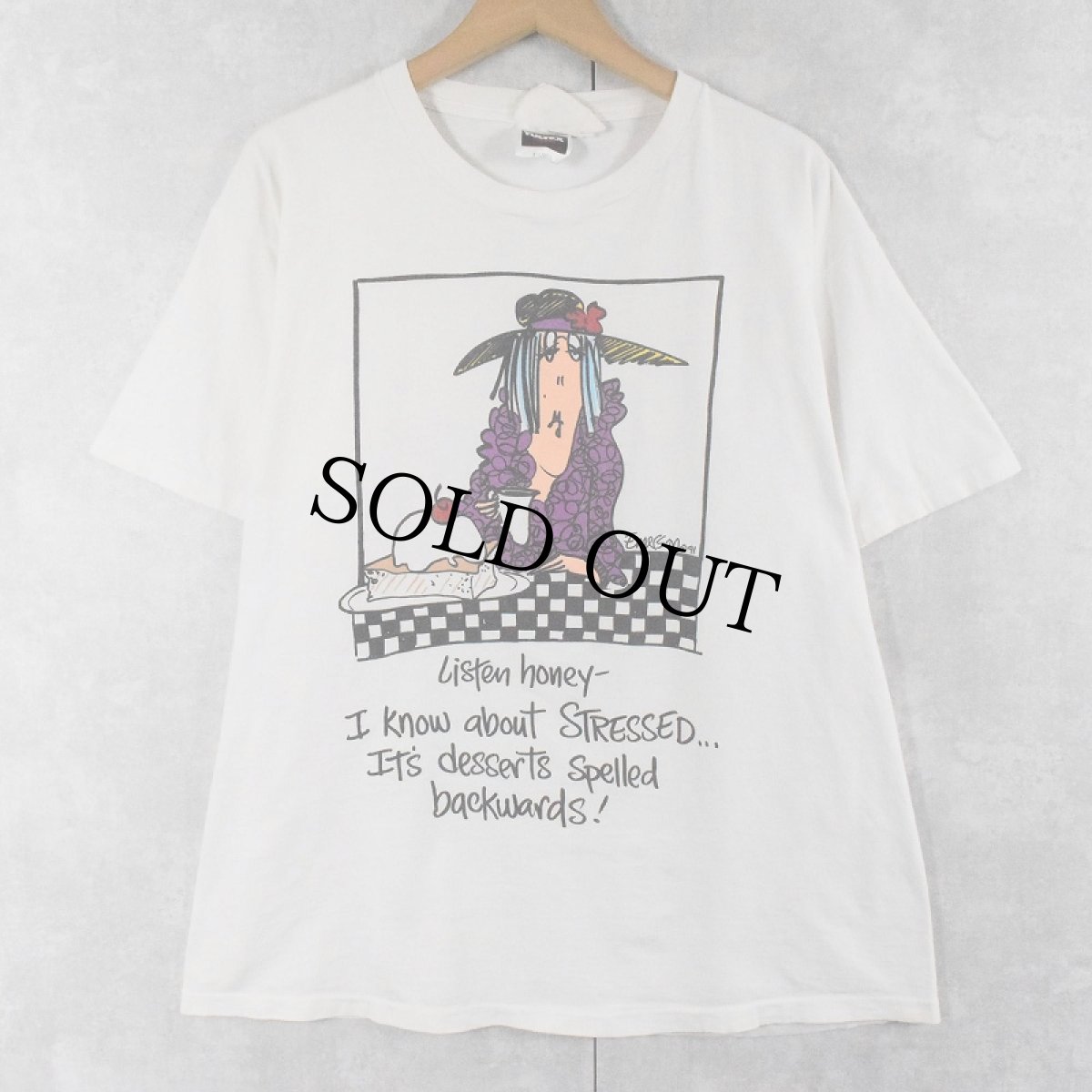 画像1: 90's Listen Honey USA製 "I Know about STRESSED..." イラストプリントTシャツ XL (1)