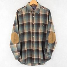 画像1: 70's PENDLETON USA製 オンブレーチェック柄 エルボーパッチ付き ウールシャツ M (1)