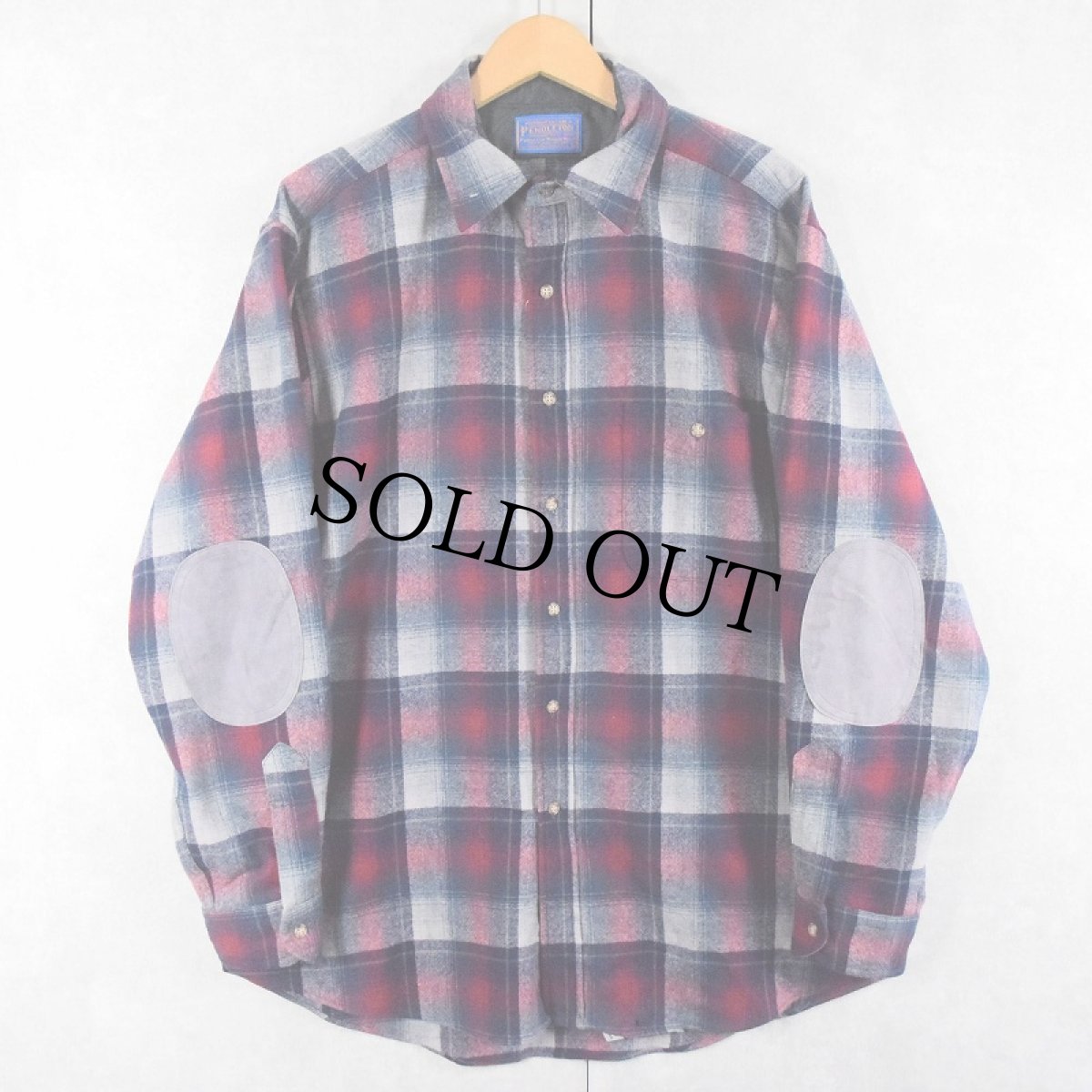 画像1: 80's PENDLETON USA製 オンブレーチェック柄 エルボーパッチ付き ウールシャツ L (1)