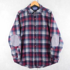 画像1: 80's PENDLETON USA製 オンブレーチェック柄 エルボーパッチ付き ウールシャツ L (1)