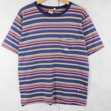 画像1: 90's HANG TEN USA製 マルチボーダー柄 ポケットTシャツ M (1)