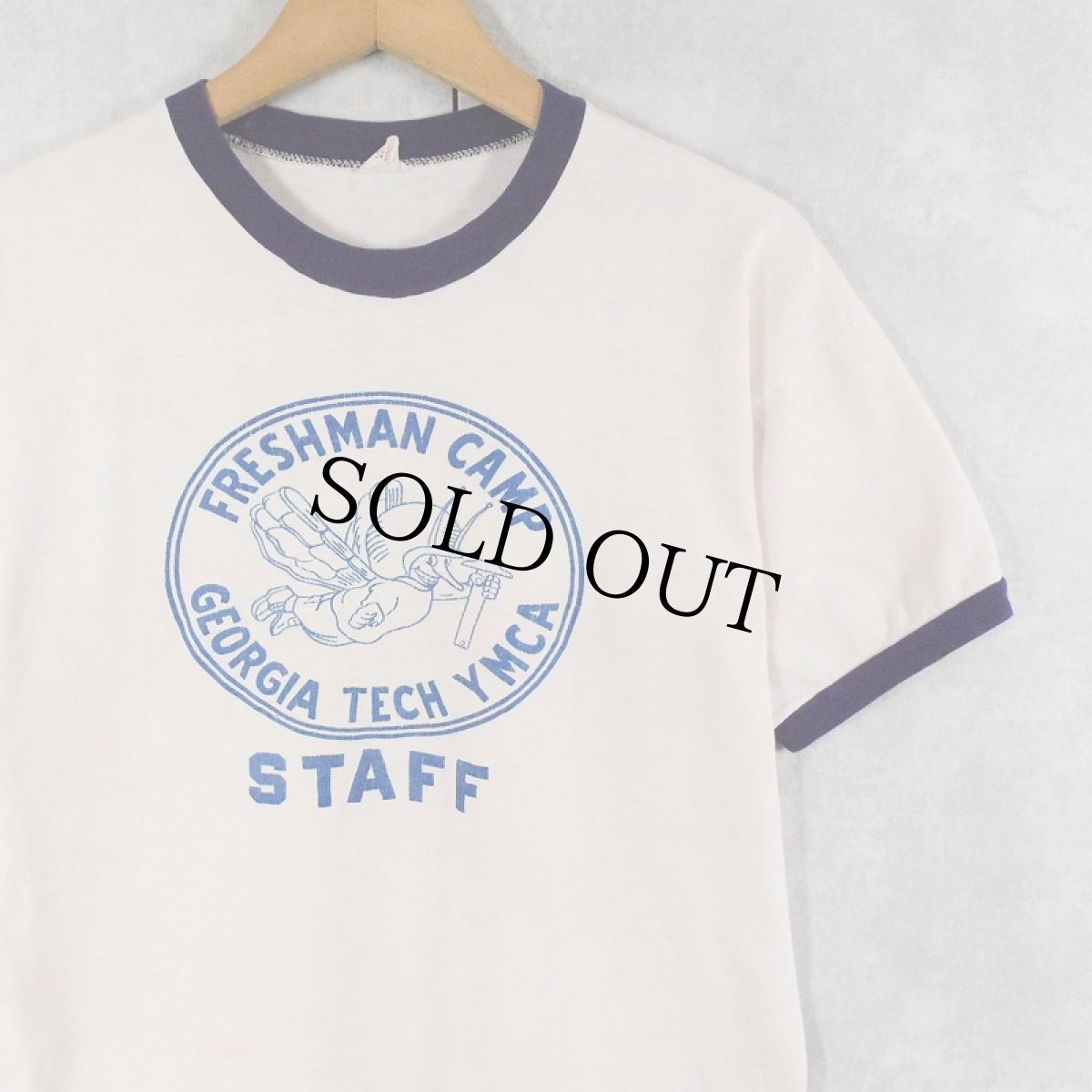 画像1: 60's Champion C中ランタグ "FRESHMAN CAMP" プリントリンガーTシャツ L (1)