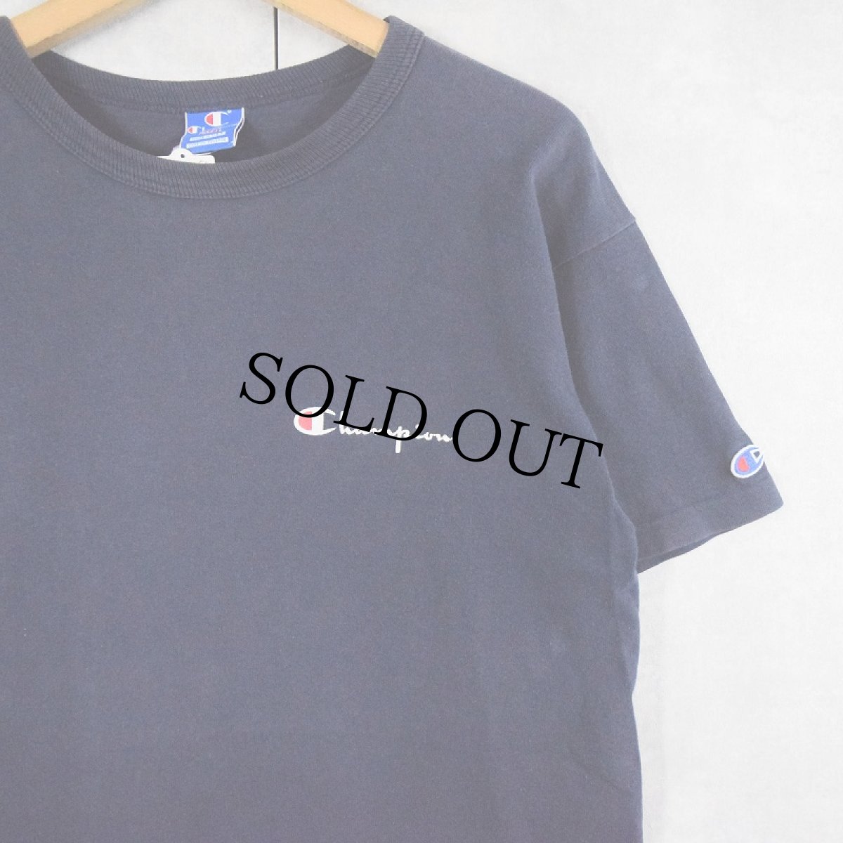 画像1: 80〜90's Champion USA製 青刺繍タグ 後期 ロゴプリントTシャツ NAVY L (1)