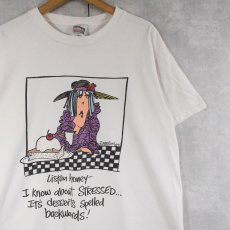 画像1: 90's Listen Honey USA製 "I Know about STRESSED..." イラストプリントTシャツ XL (1)