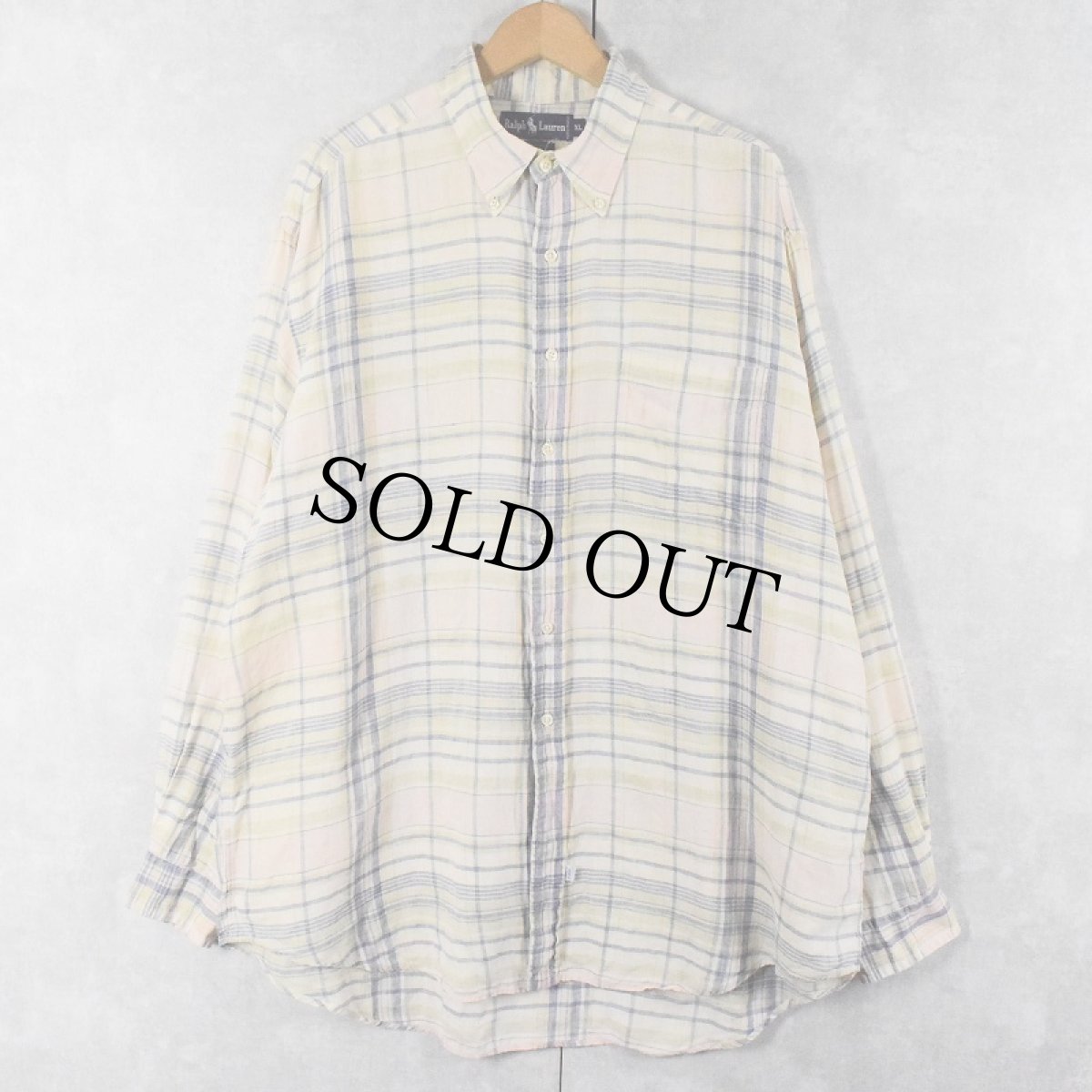 画像1: 90's POLO Ralph Lauren チェック柄 リネンボタンダウンシャツ XL (1)