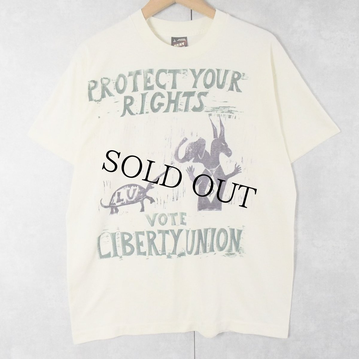 画像1: 90's USA製 "PROTECT YOUR RIGHTS VOTE LIBERTY UNION" プリントTシャツ L (1)