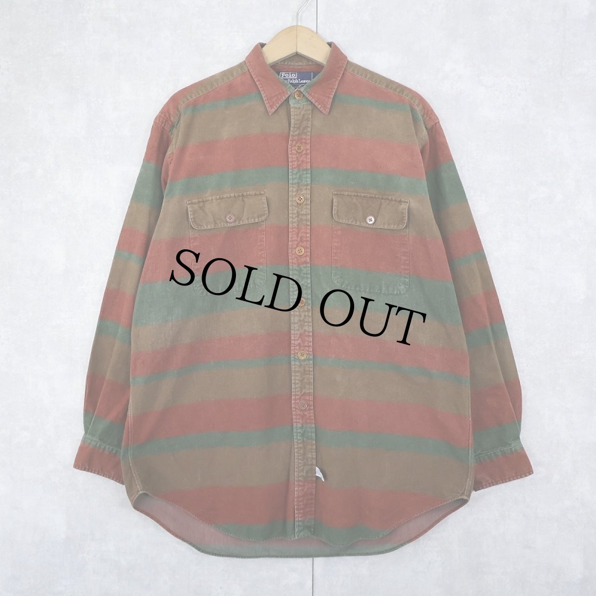 画像1: 90's POLO Ralph Lauren ボーダー柄 シャモアクロスシャツ M (1)