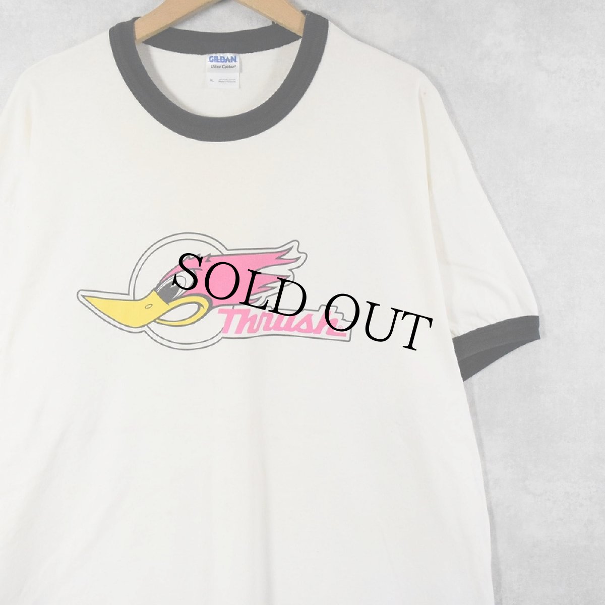画像1: Thrush 自動車マフラーメーカー キャラクタープリントリンガーTシャツ XL (1)