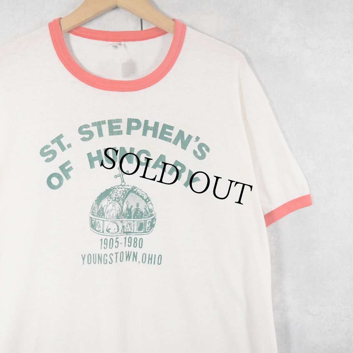 画像1: 80's Hanes USA製 "ST.STEPHEN'S OF HUNGARY" 王冠プリント リンガーTシャツ XL (1)