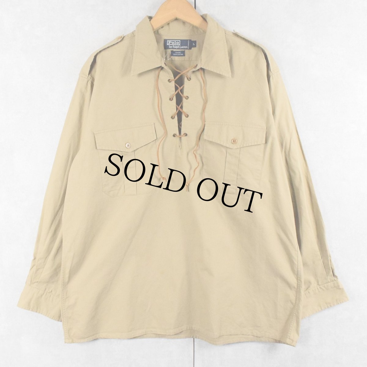 画像1: POLO Ralph Lauren "ISAAC" エポレット付き レースアップ コットンシャツ L (1)