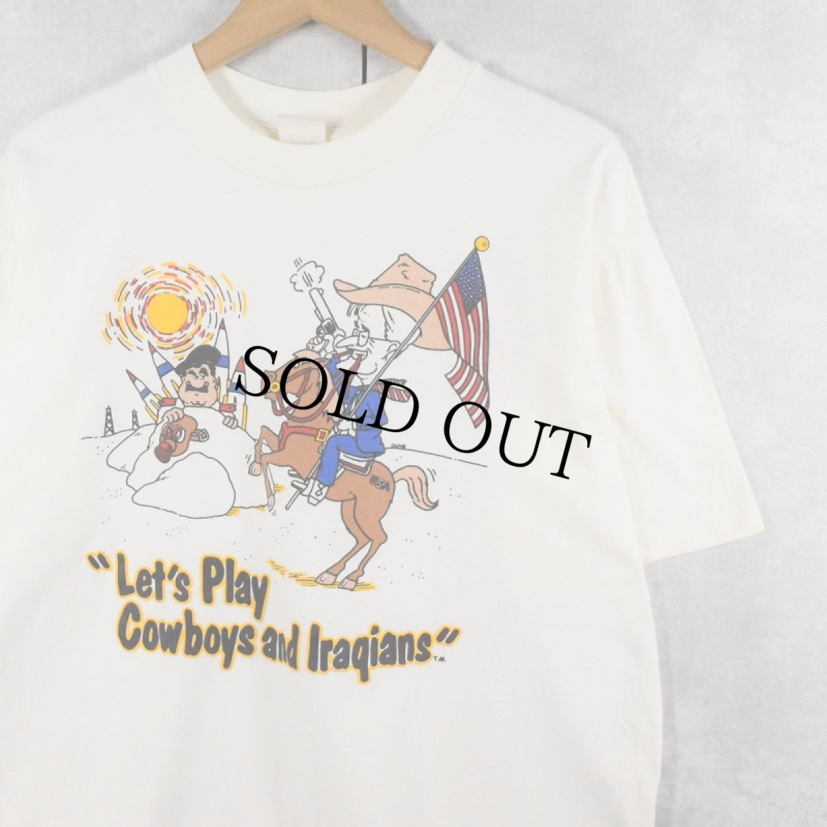 画像1: 90's USA製 "Let's Play Cowboys and Iraqians" 風刺イラストプリントTシャツ XL (1)