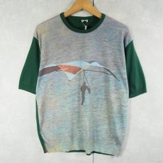 画像1: 70's〜 Knitted Fashions 大判プリント ナイロンニットTシャツ L (1)