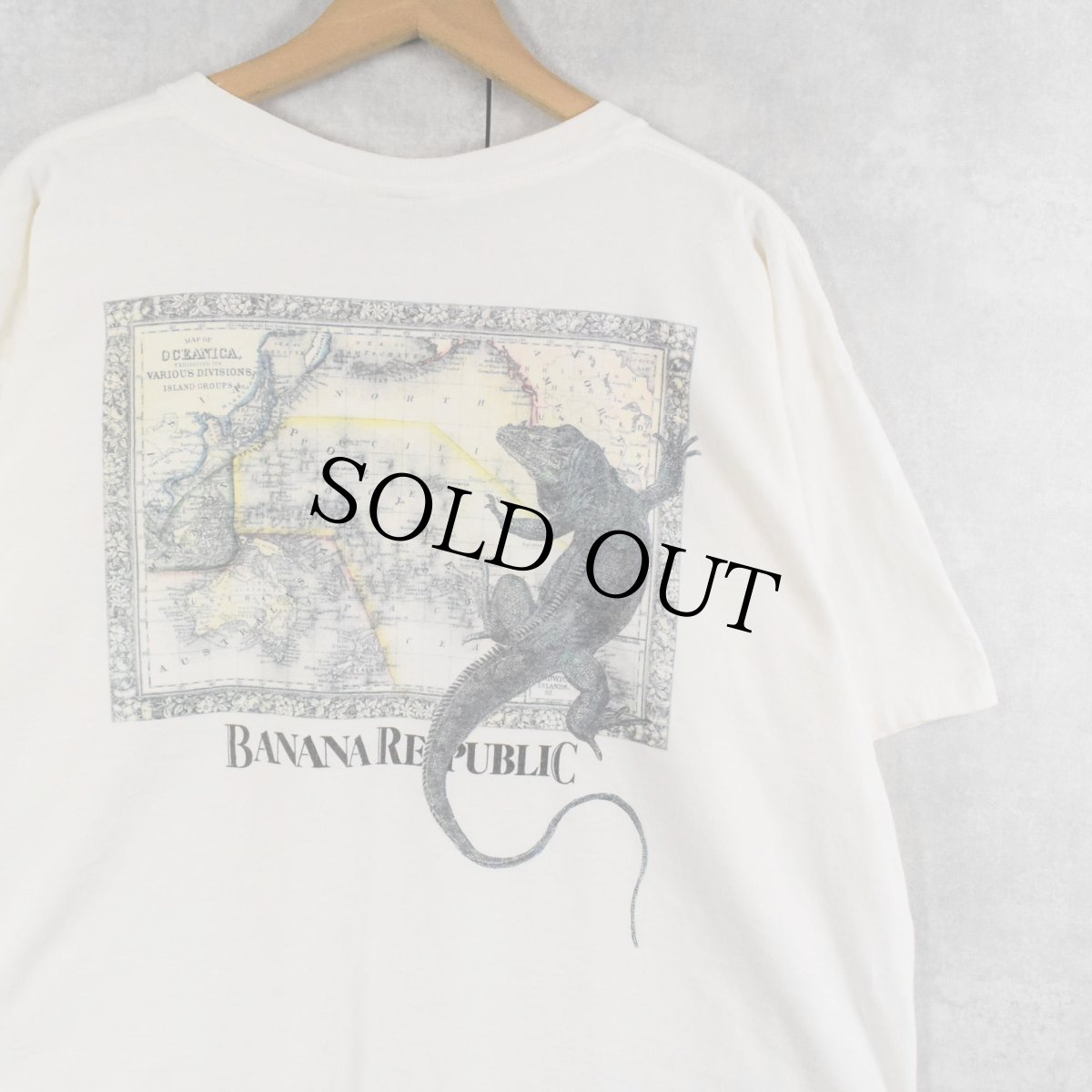画像1: 90's BANANA REPUBLIC USA製 地図×イグアナプリント ポケットTシャツ XL (1)