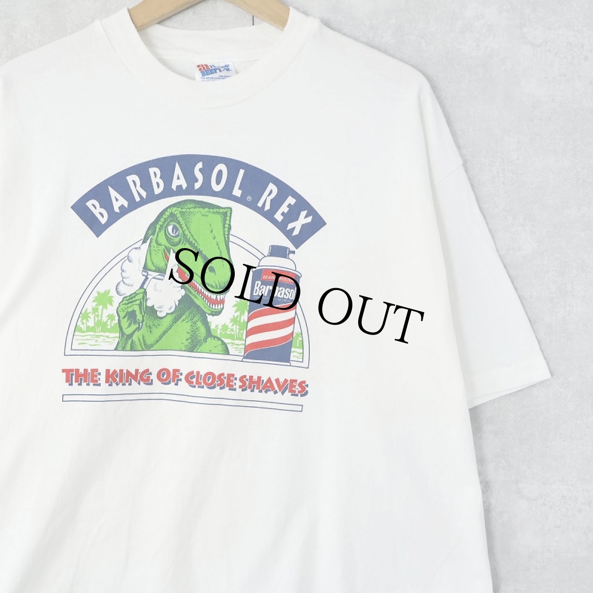 画像1: 90's BARBASOL REX USA製 恐竜プリント シェービングクリームメーカーTシャツ XL (1)