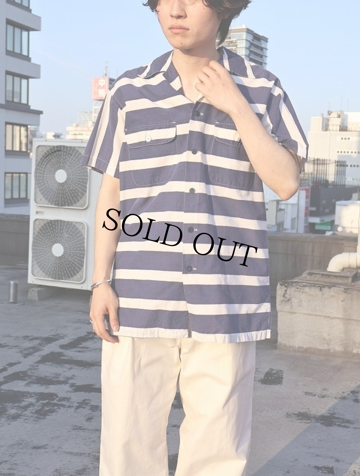 画像1: 80〜90's POLO COUNTRY Ralph Lauren ボーダー柄 コットンオープンカラーシャツ M (1)