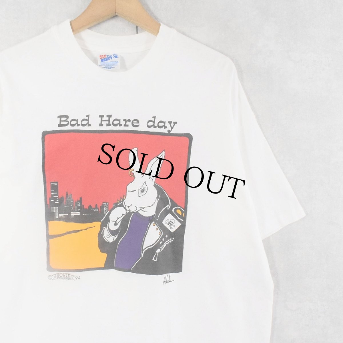 画像1: 90's BOVIS THREADS USA製 "Bad Hare day" ウサギイラストプリントTシャツ XL (1)
