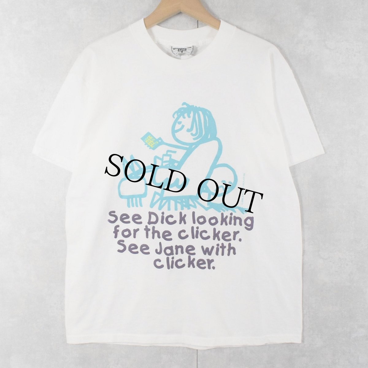 画像1: 90's USA製 "See Dick looking for the clicker...." イラストプリントTシャツ L (1)