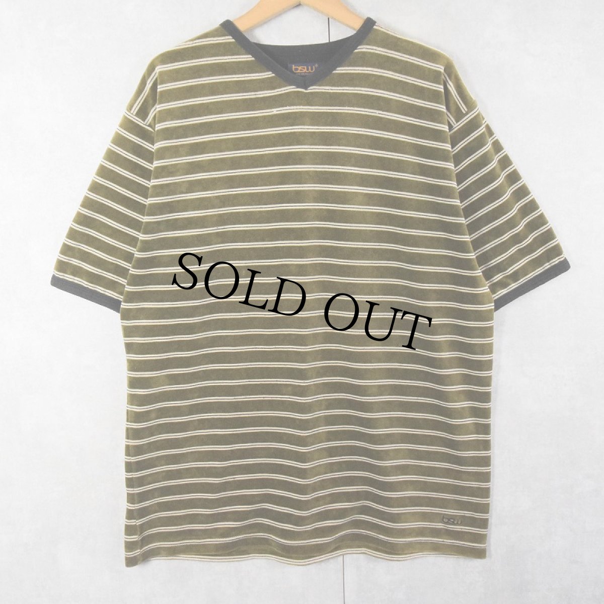 画像1: bsw ボーダー柄 Vネック ベロアTシャツ XL (1)