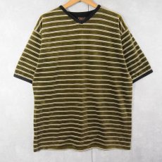 画像1: bsw ボーダー柄 Vネック ベロアTシャツ XL (1)