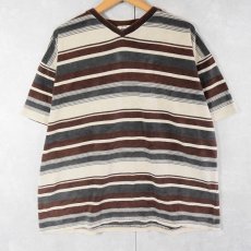 画像1: R.I. ボーダー柄 Vネック ベロアTシャツ L (1)