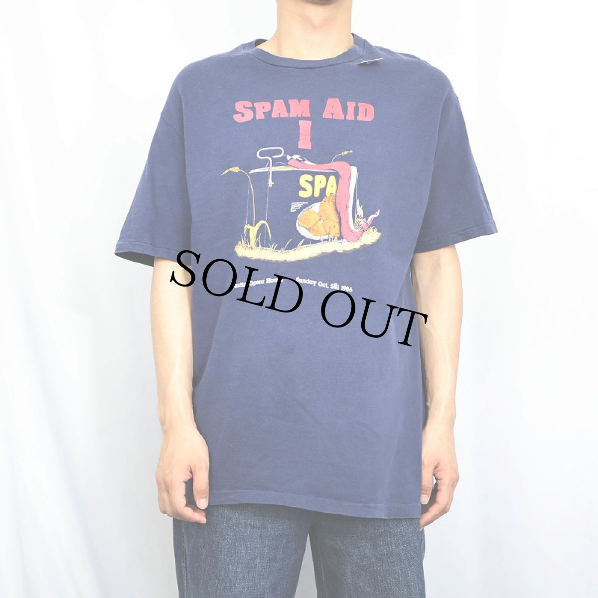 画像2: 90's "SPAM AID I" USA製 プリントTシャツ NAVY (2)