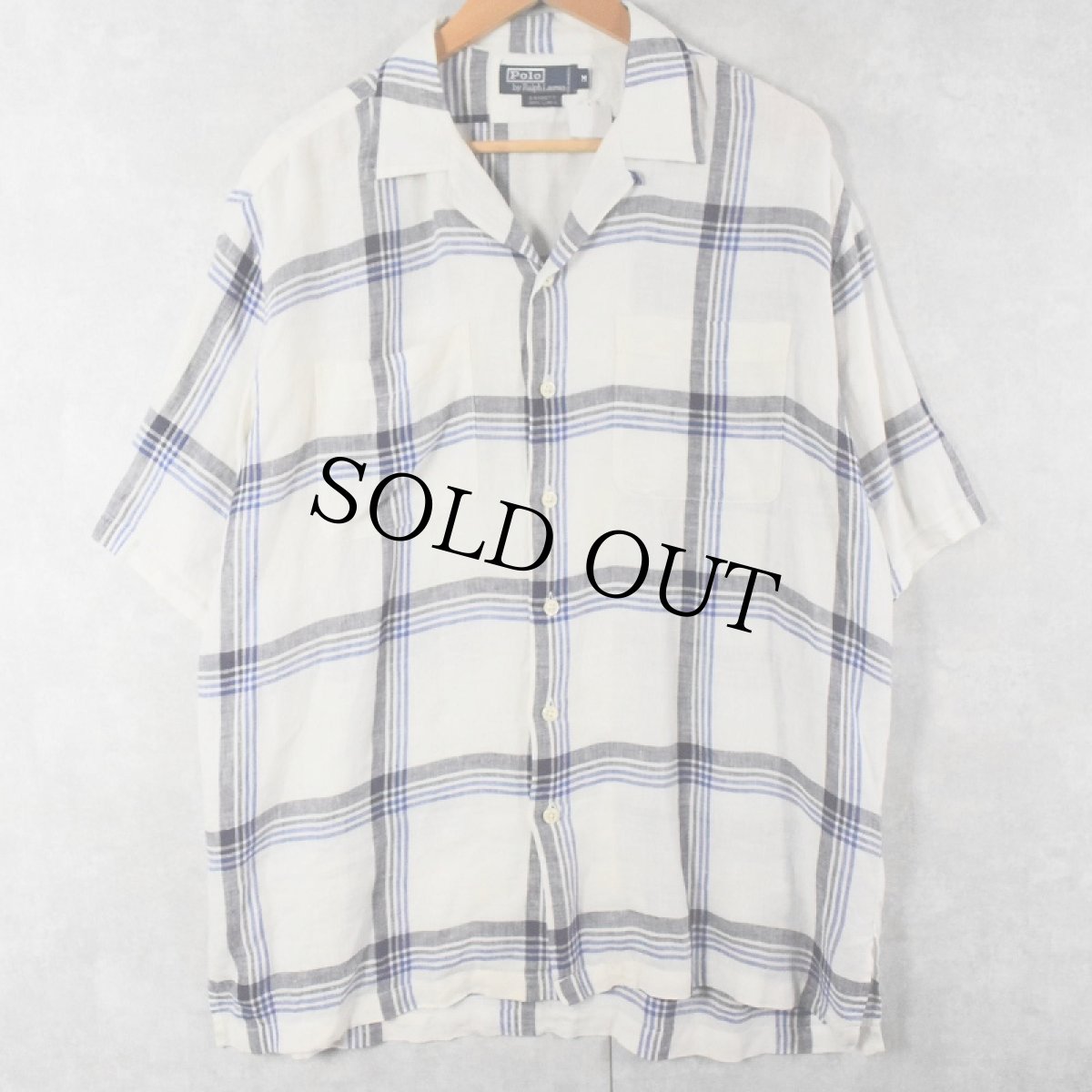 画像1: 90's〜 POLO Ralph Lauren "SARRETT" チェック柄 リネンオープンカラーシャツ M (1)