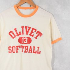 画像1: 70's Champion USA製 "OLIVET SOFTBALL" プリントリンガーTシャツ (1)