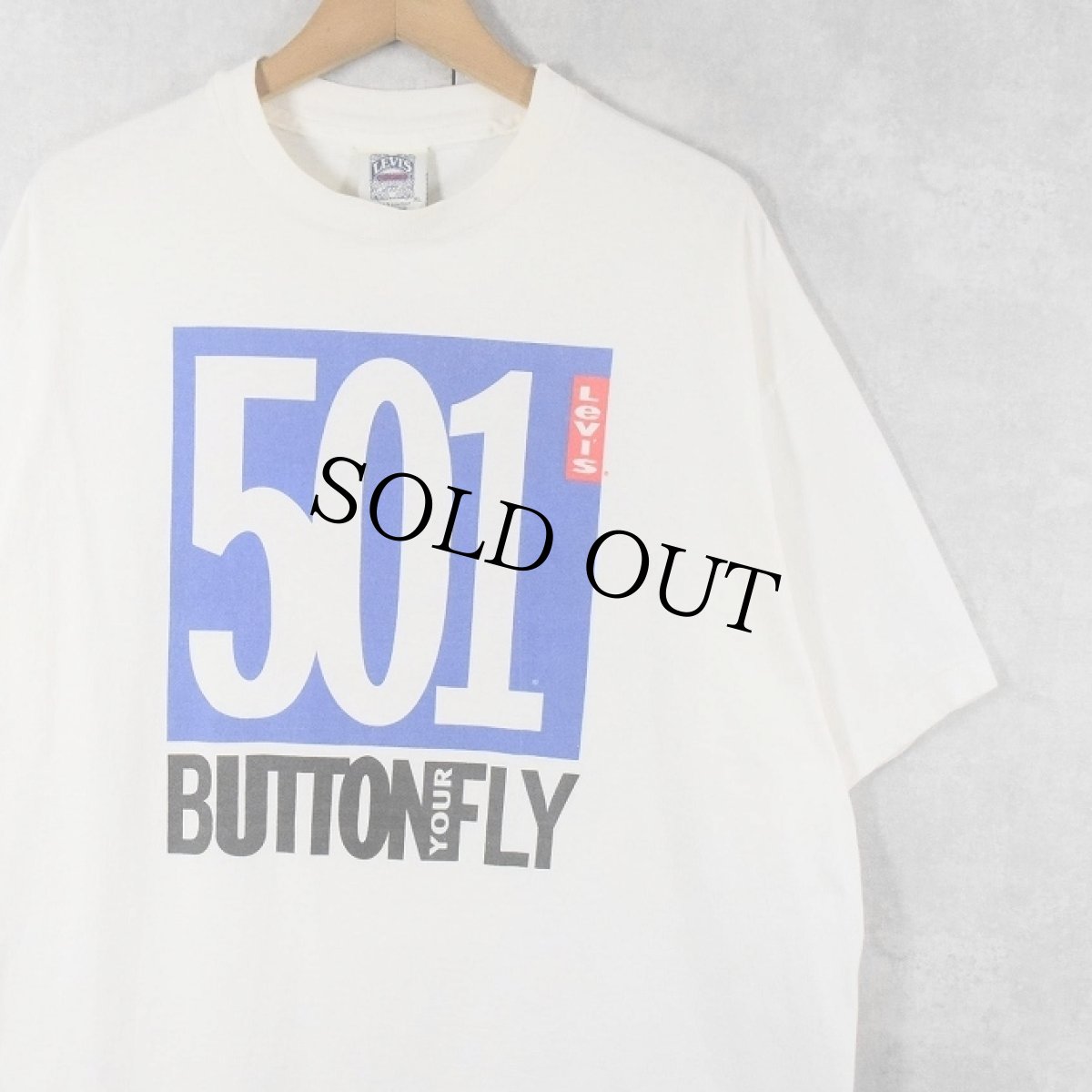 画像1: 90's Levi's USA製 "501 BUTTONFLY" ロゴプリントTシャツ XL (1)