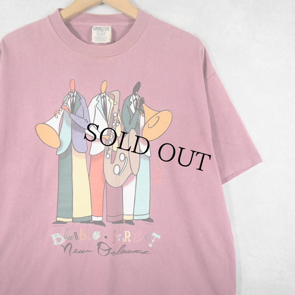 画像1: 90's USA製 "JAZZ Bourbon Street" イラストプリントTシャツ L (1)