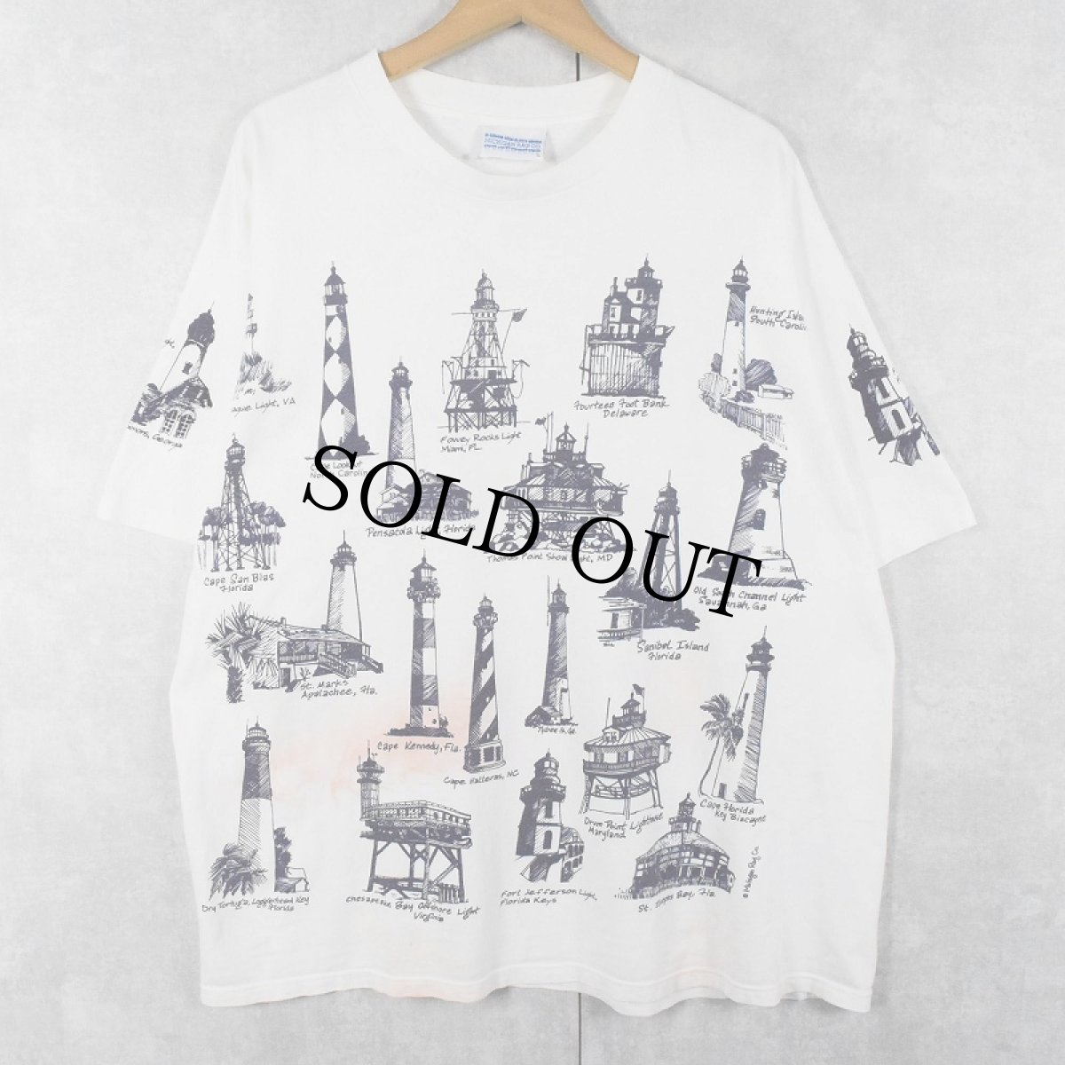 画像1: 90's MICHIGAN RAG CO. ライトハウス柄 プリントコットンTシャツ L (1)