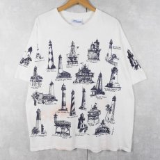 画像1: 90's MICHIGAN RAG CO. ライトハウス柄 プリントコットンTシャツ L (1)