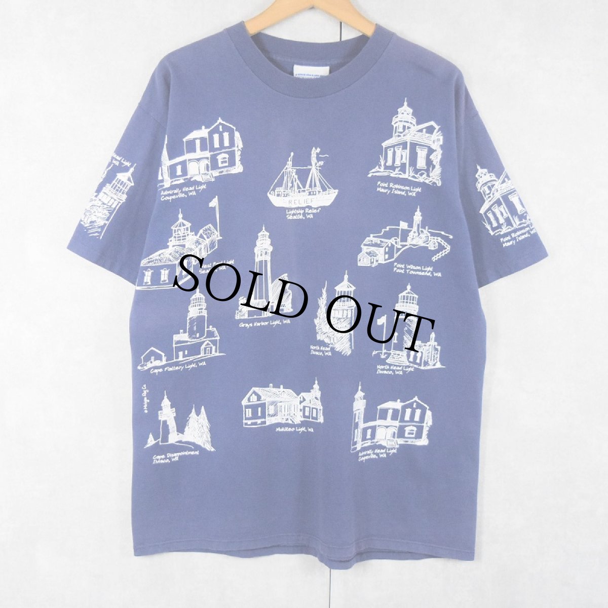 画像1: 90's MICHIGAN RAG CO. ライトハウス柄 プリントコットンTシャツ L (1)