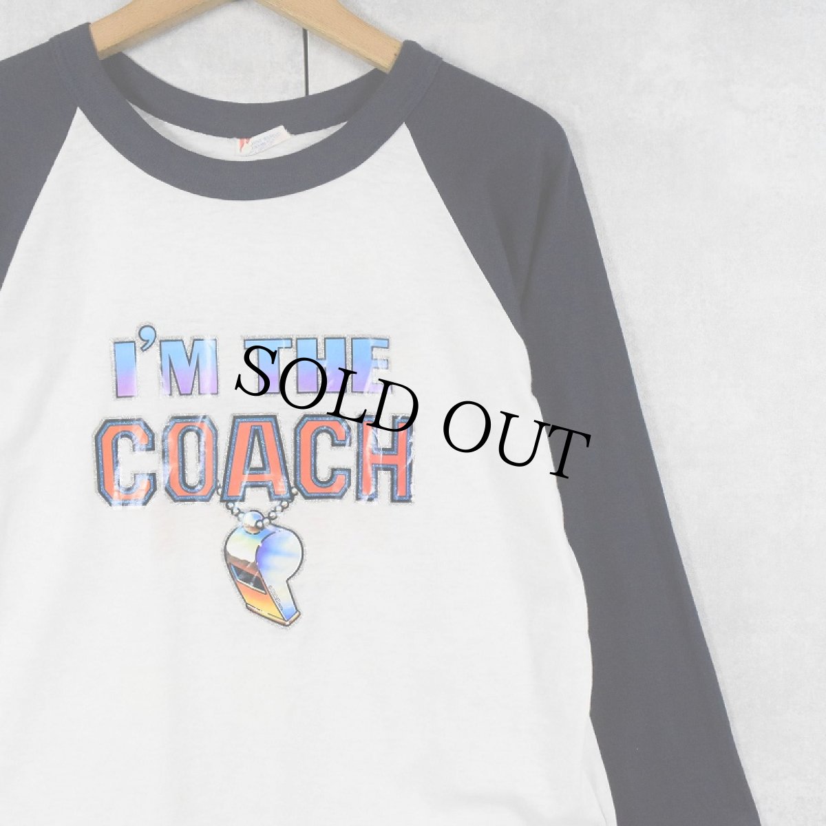 画像1: 70〜80's USA製 "I'M THE COACH" ラメ×フロッキープリント ラグランTシャツ NAVY XL (1)