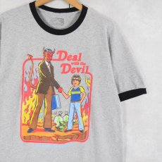 画像1: Steven Rhodes "Deal with the Devil" イラストプリントリンガーTシャツ L (1)