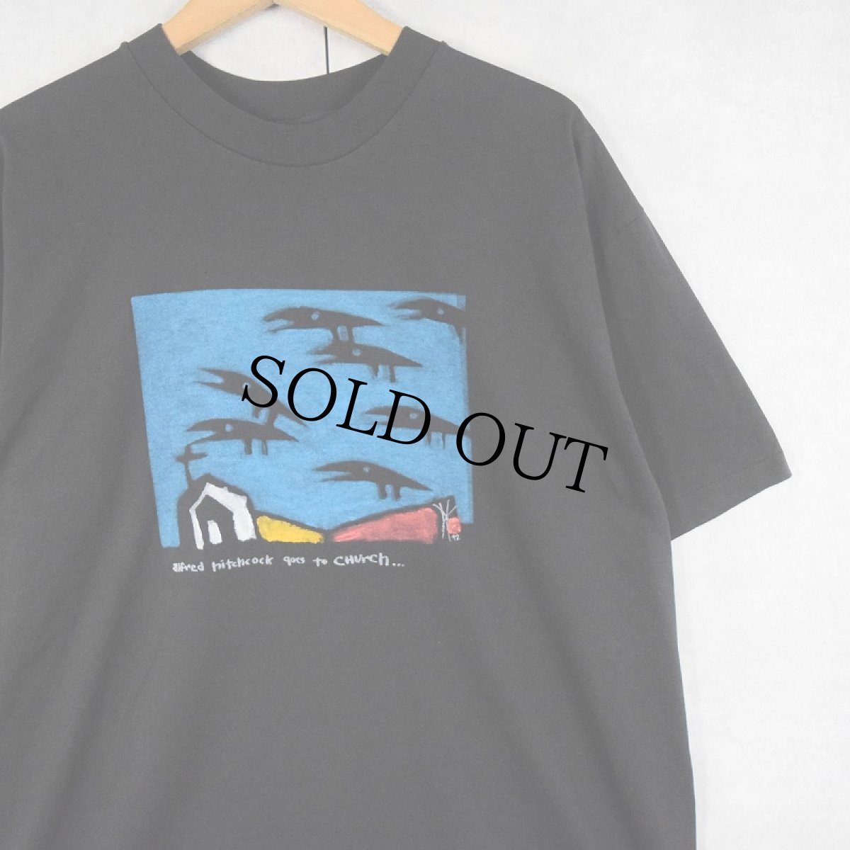 画像1: 90's Menlo Macfarlane USA製 "alfred hitchcock goes to church" アートプリントTシャツ BLACK XL (1)