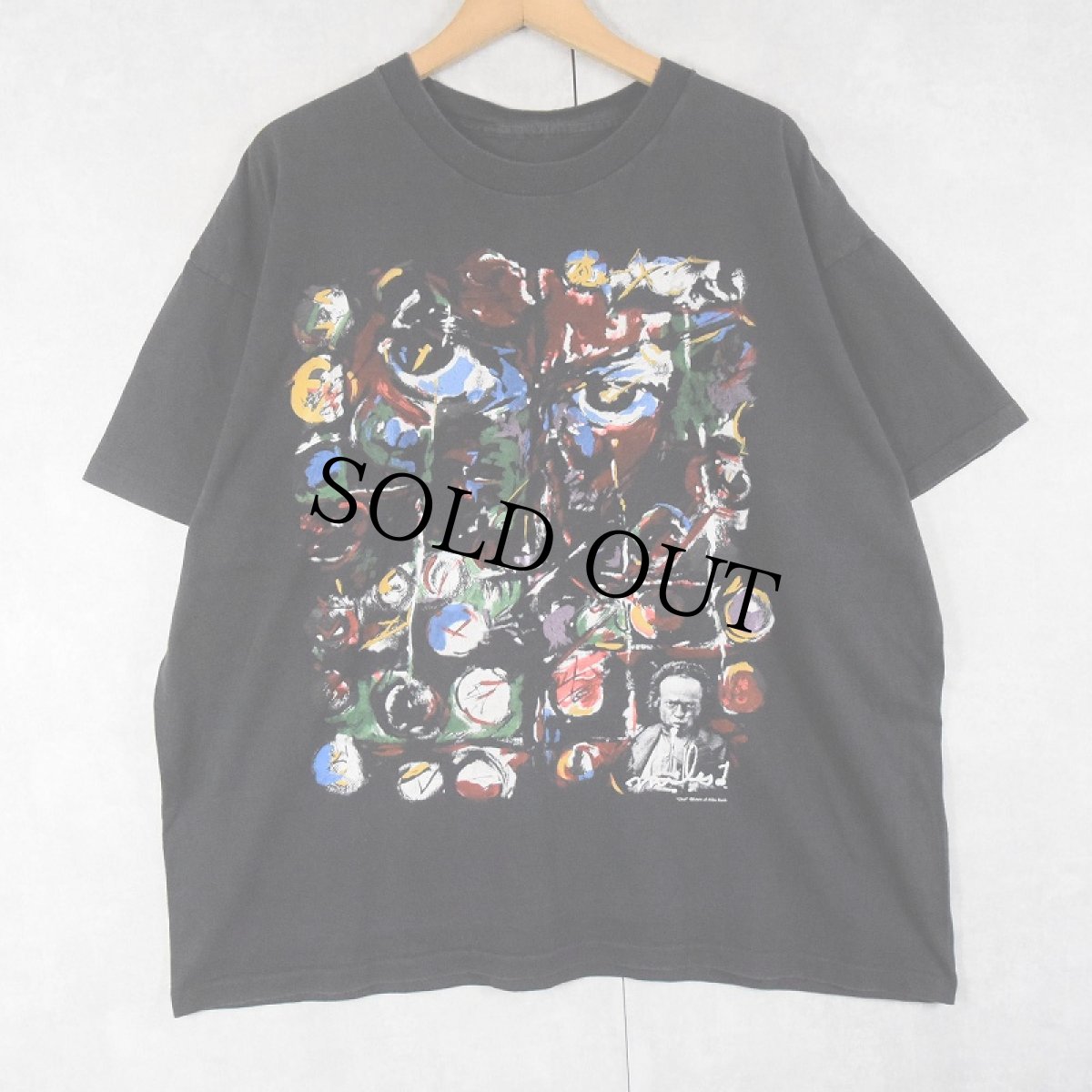 画像1: 90's Miles Davis ジャズミュージシャン アートプリントTシャツ BLACK (1)