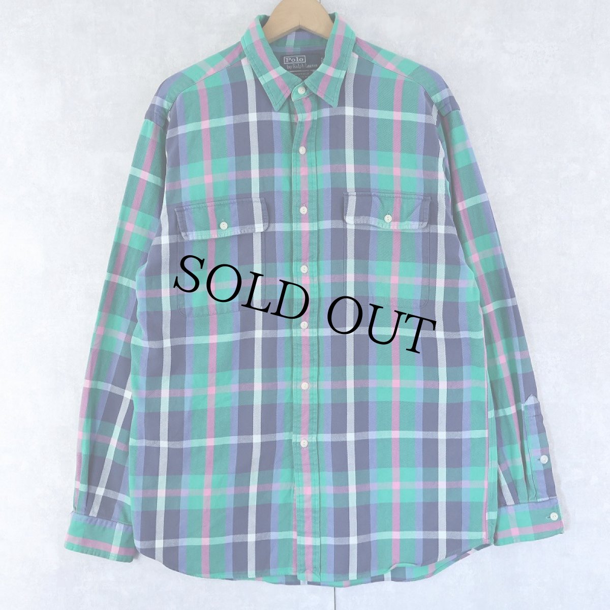 画像1: POLO Ralph Lauren チェック柄 猫目ボタン ヘビーネルシャツ M (1)