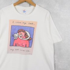 画像1: 90's Richard Stine USA製 "I Love My Cat, My Cat Loves Me." アートプリントTシャツ XL (1)