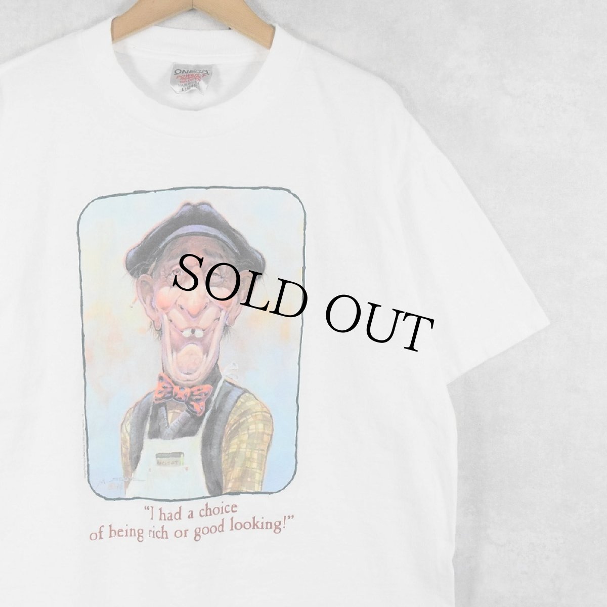 画像1: 90's Mike Scovel USA製 "I had a choice of rich or good looking!" イラストプリントTシャツ L (1)