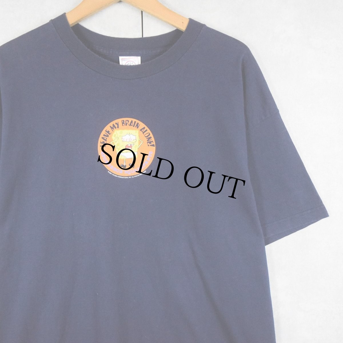画像1: 2000's SPONGE BOB "LEAVE MY BRAIN ALONE!" キャラクタープリントTシャツ NAVY XL (1)