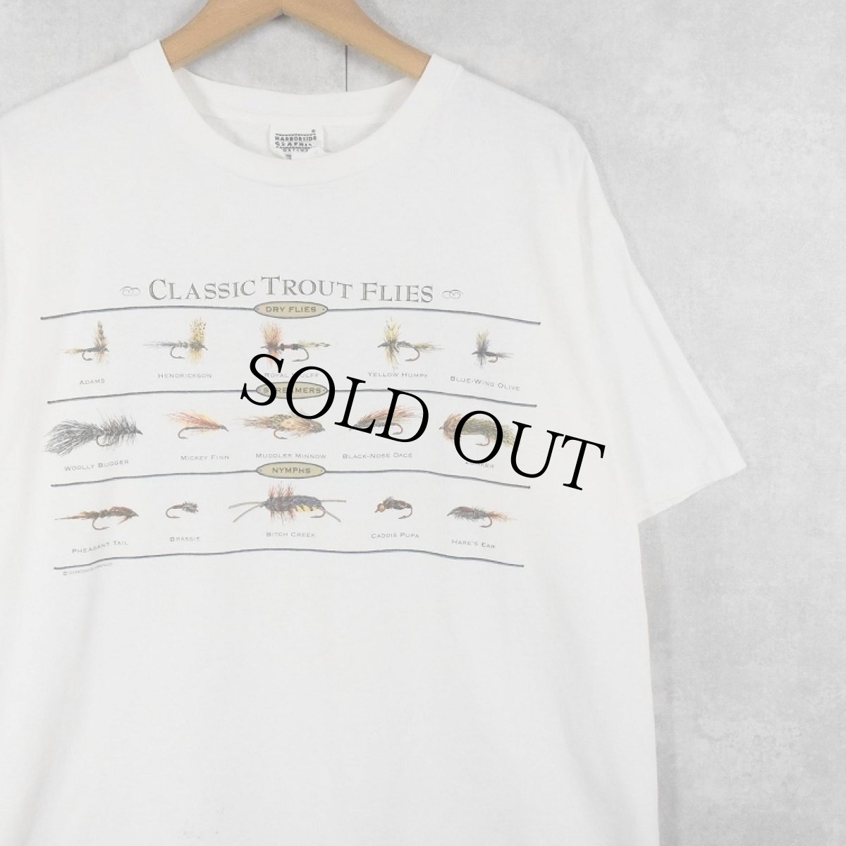 画像1: 90's HARBORSIDE GRAPHICS USA製 "CLASSIC TROUT FILES" 毛鉤イラストプリントTシャツ L (1)