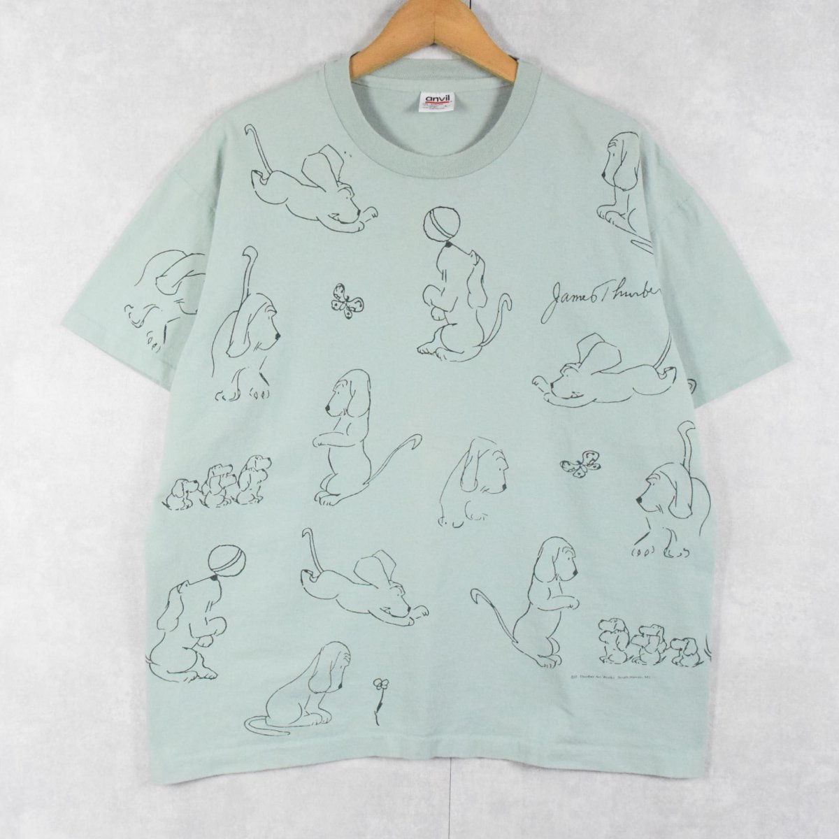 画像1: 90's James Thurber USA製 "Thurber's Dogs" アートプリントTシャツ L (1)