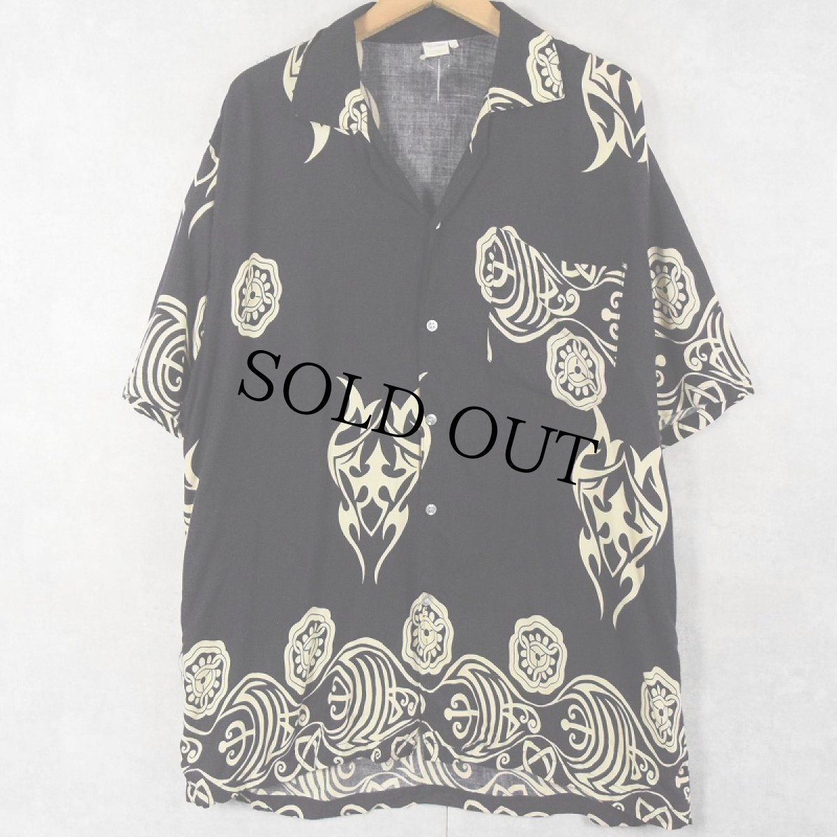 画像1: 【SALE】 総柄 レーヨンオープンカラーシャツ BLACK XL (1)