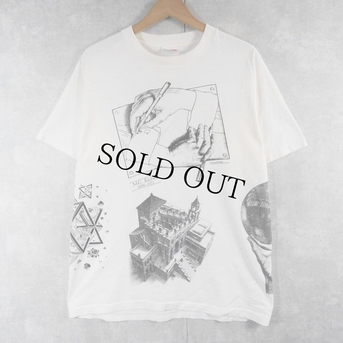 画像1: 80's M.C. Escher USA製 騙し絵アート マルチプリントTシャツ L (1)