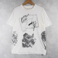 画像1: 80's M.C. Escher USA製 騙し絵アート マルチプリントTシャツ L (1)