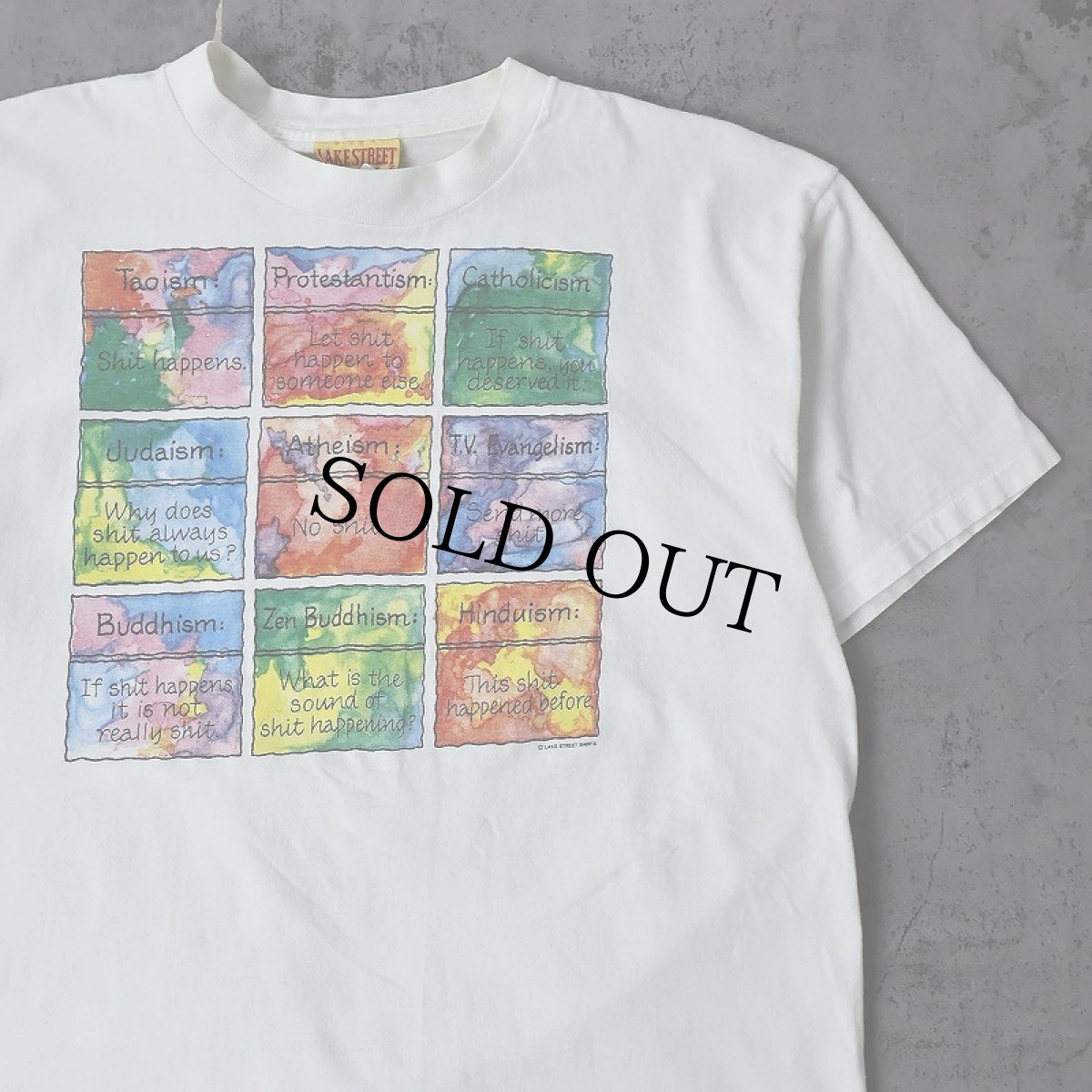 画像1: 90's LAKE STREET SHIRT USA製 宗教プリントTシャツ XL (1)
