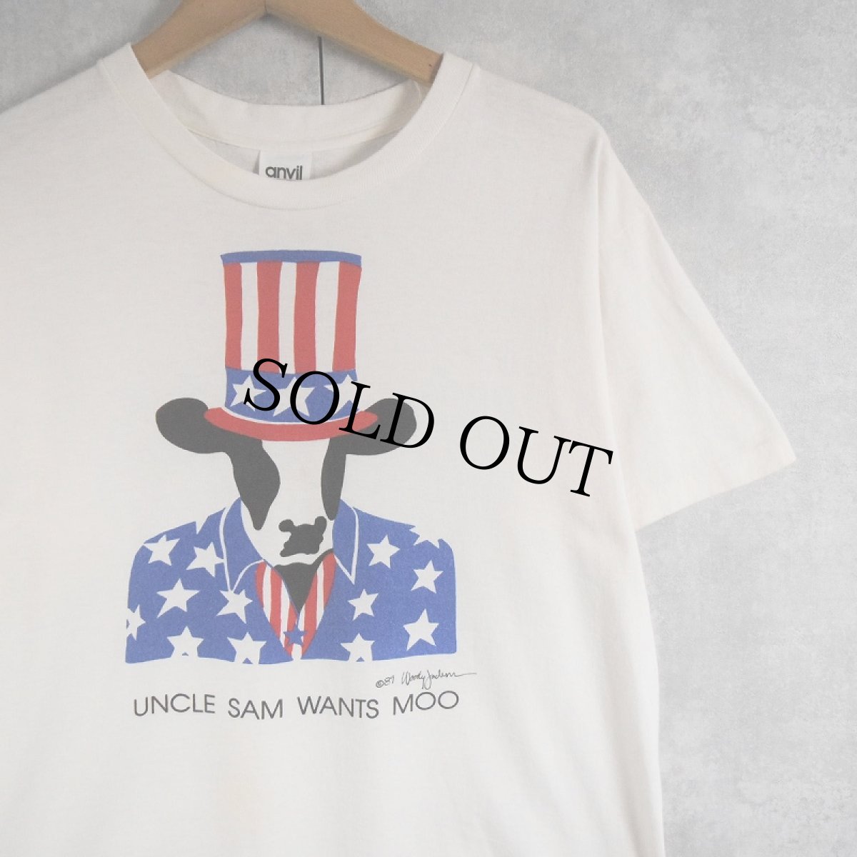 画像1: 80's Woody Jackson USA製 "UNCLE SAM WANTS MOO" アートプリントTシャツ M (1)