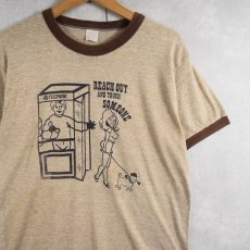 画像1: 80's USA製 "REACH OUT AND TOUCH SOMEONE" イラストプリントリンガーTシャツ L (1)