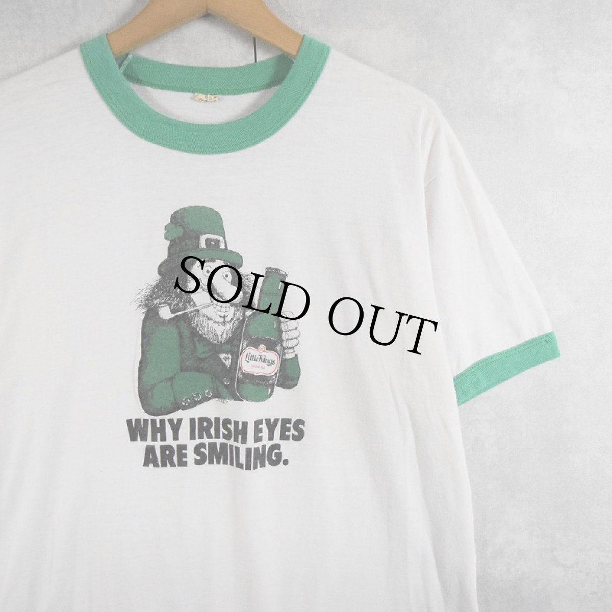 画像1: 80's Little Kings Beer USA製 "WHY IRISH EYES ARE SMILING." ビールメーカー イラストプリントリンガーTシャツ XL (1)